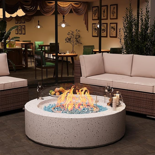 2-Piece Outdoor Propane Fire Pit Table Set – Premium Terrazzo-Like MgO Finish, Round Gas Fire Table with Glass Wind Guard for Patio, Garden & Backyard, Includes Rain Cover & Glass Beads