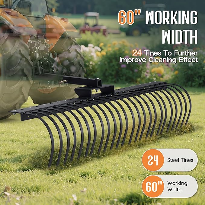 Specraft 60" Behind Landscape Rake for Tractor, Tow Dethatcher Rake with 24 Steel Coil Tines and 2" Receiver, Fit for 3-Point Suspension Systems