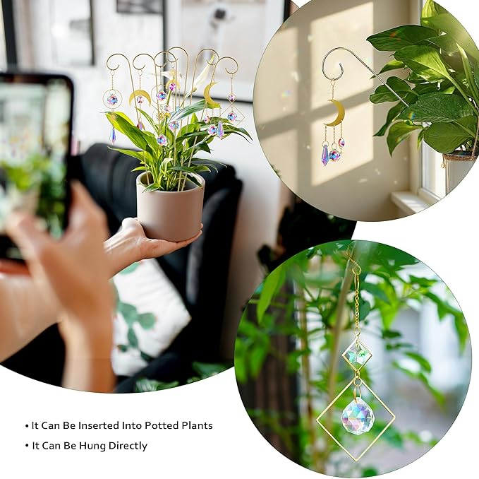 HDCRYSTALGIFTS 6 Pack Small Trellis for Potted Plants Indoor with Colorful Crystal Sun Catcher, 13.5'' Metal Plant Stake Suncatchers for Mini Potted Plant Decoration for Home Window Garden