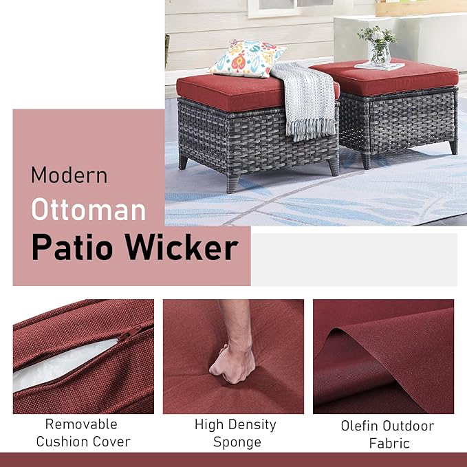 Wicker Outdoor Conversation Set-6 Pieces Outdoor Wicker High Back Couch with Swivel Rocker Chairs Patio Furniture for Deck Poolside Backyard-Grey/Red