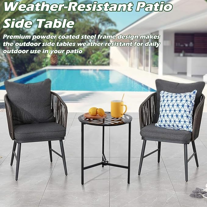 Party Zealot 1 Pack 13" Metal Outdoor Side Tables Small Black Outside End Table for Patio Round Accent Corner Stand for Small Spaces Weather-Resistant Coffee Table for Balcony Porch Plant Stand, Leaf