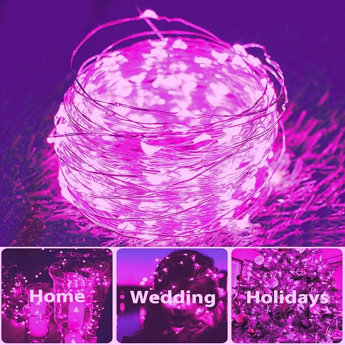 2 Pack Total 200 LED 66FT Solar Powered Copper Wire String Lights Outdoor, Waterproof, 8 Modes Fairy Lights for Valentines Day Decor, Garden, Patio, Party, Christmas, House (Pink)