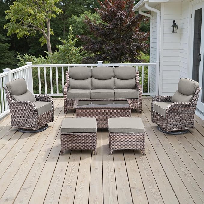 Wicker Outdoor Patio Furniture Set - 6 Piece Patio Conversation Sets with Swivel Rocker Chairs, Ottomans, Sofa and Coffee Table, 6 inch Cushions, Deep Seating, for Porch Deck Brown/Beige