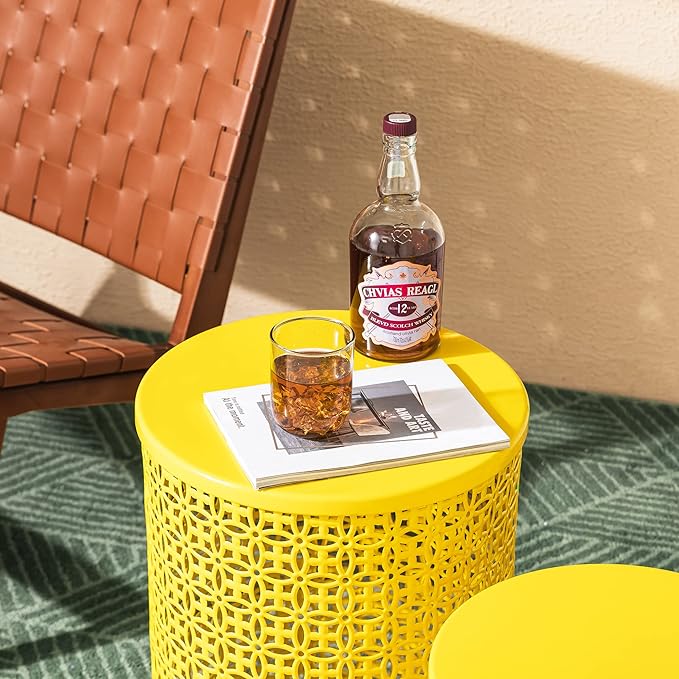 Glitzhome Outdoor Side Table Set of 2, Decorative Garden Stool for Indoor Outdoor Heavy Duty Metal Frame Accent Table Modern End Table, Glossy Yellow