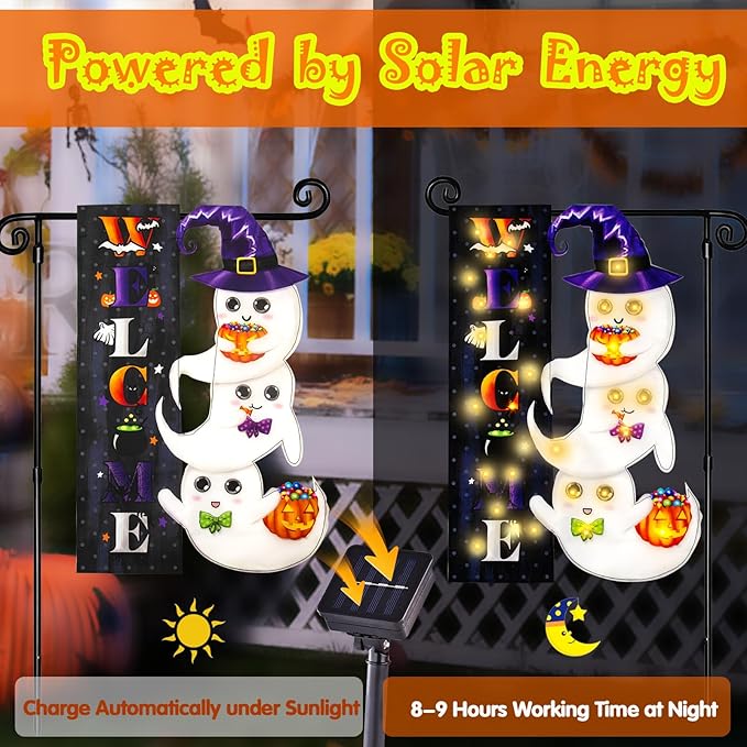 Halloween Lighted Garden Flag, Solar Yard Flag for Outside, 8 Modes Double Sided Welcome Halloween Ghost Outdoor Decorations for Home Porch (Ghost-28x40)