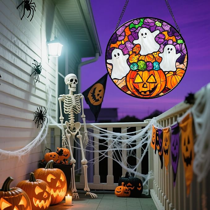 Stained Glass Window Hanging Halloween Horror Pumpkin White Ghost 6.3" - Suncatcher Door Garden Sunroom Gothic Style Sun Catcher Birthday for Friend Mom Men Woman Nana