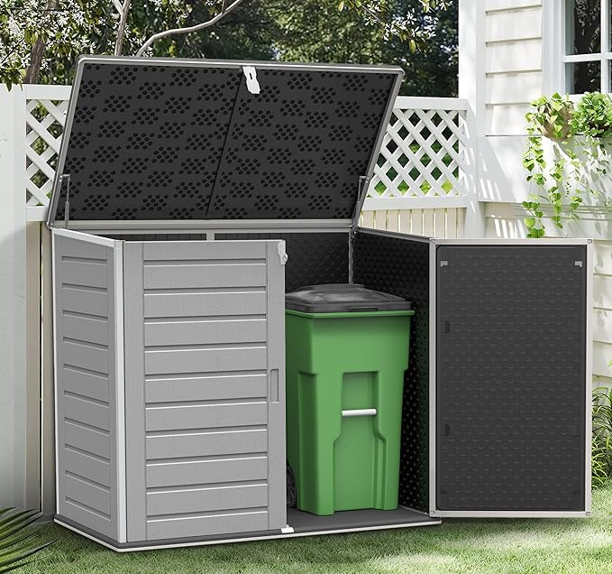 4.6 Ft. X 4.1 Ft Outdoor Horizontal Storage Shed, Resin Storage Shed with Double Lockable Doors, Ideal for Garbage Can Storage and Garden Tools, Strong Water Resistance, Gray