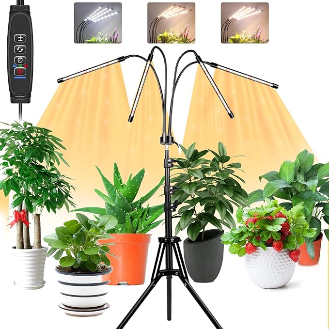 Grow Lights with Stand,4 Goosenecks Floor Plant Light for Indoor Plants,10 Dimmable Levels & Auto On/Off Timer(3/9/12H Timer), 3 Switch Modes,Tripod Stand Plant Lamp Height Adjustable.