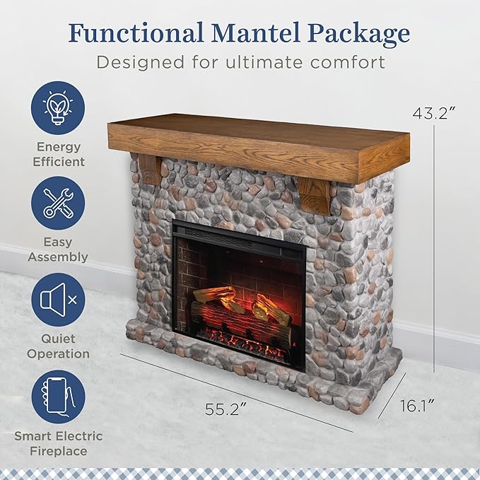 Country Living - Glenbrook Fireplace Mantel Package, 28”, Alexa/WiFi Enabled Fireplace Insert, Cast Stone River Rock Surround, 1500W