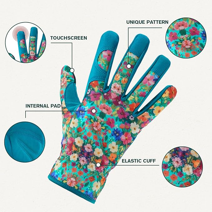 Gardening Gloves for Women, Printed Touchscreen Garden Gloves with Grip, Thorn-Proof Puncture-Resistant Work Gloves