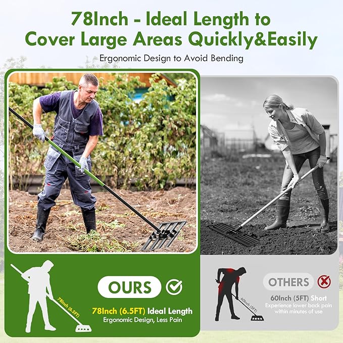 Seeutek Lawn Leveling Rake, 45” x 10” Lawn Leveler with 6.5FT Stainless Steel Handle Rakes for Lawns, 0-180° Adjustable Ground Leveler Tool for Yard, Level Soil Sand Dirt Surfaces