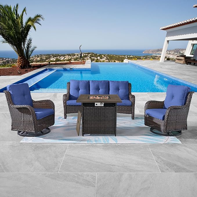 4PCS Modern Blue Patio Set with Swivel Rocking Chairs, Fire Pit Table & Thick Cushions