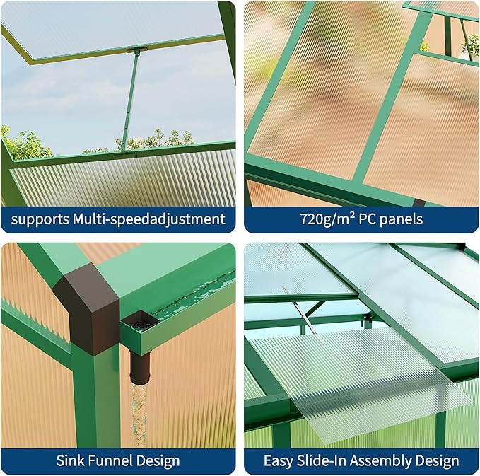 8x10 FT Walk in Greehouses for Outdoors, Sunroom with Roof Vent, Groud Nail, Lockable Push Door, Aluminum Frame and Poly Carbonate Material with Quick Setup Graden, Vegetable Garden and Leisure Room