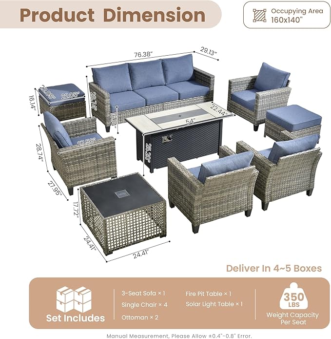 HOOOWOOO Outdoor Patio Furniture Set,9 Pieces Wicker Conversation Set,All Weather Couch Set with Fire Pit Solar Light Table Chairs Ottoman 9 Seaters for Out Door Yard(Denim Blue)