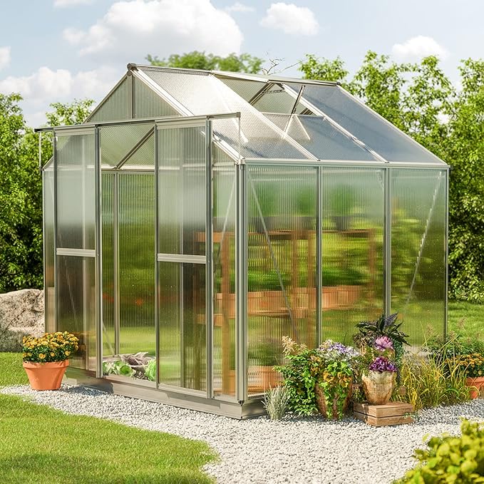 Greenhouse Saphir 3 Aluminum Frame 8.5 x 6.4 ft Approx. 6 mm Polycarbonate Panels - with Bonus Base Frame and Automatic Vent Opener