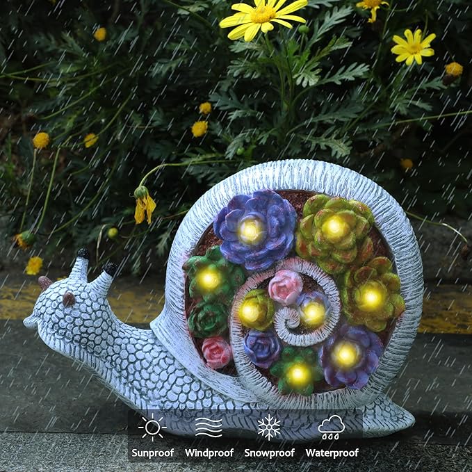 FORUP Snail Garden Statue, Resin Snail Figurine Garden Lawn Ornaments with Solar LED Lights for Outdoor Yard Garden Decorations