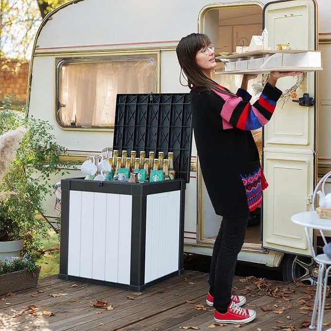 ROJIK Outdoor Storage Housing Deck Box - Waterproof Patio Furniture, Garden Tools, Cushions, Pool Accessories Storage Bench with Lockable Lid and Side Handles (Black & Whiter, 50 Gal)