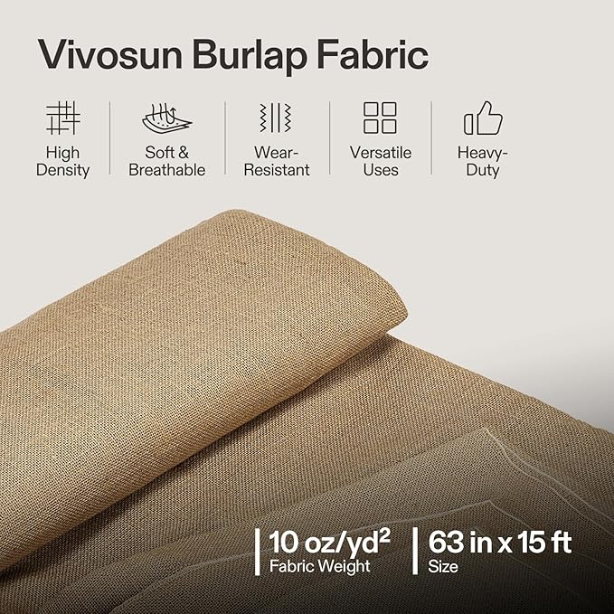 VIVOSUN 63 in x 15 ft Premium Burlap Fabric, 10 oz Heavy Duty High Density Natural Jute Fiber, Multipurpose Burlap for Gardening, Outdoor Plant Care, Weed Barrier, DIY Crafts, and Decoration