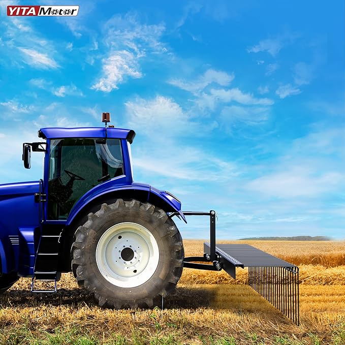 YITAMOTOR 72 Inch Durable Powder Coated Steel Pine Straw Rake Steel Spring Landscape Rake Attaches to Cat 0 Cat 1，3 Point Hitch for Tractor, Black Grey