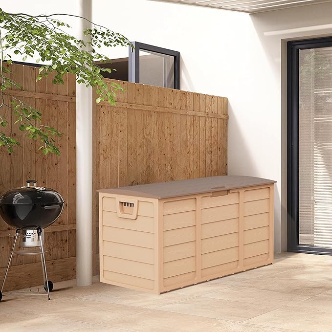 75 Gallon Outdoor Deck Box - Heavy Duty Resin Storage with Lockable Lid, UV Resistant for Patio Furniture Cushions, Pillows (Brown)