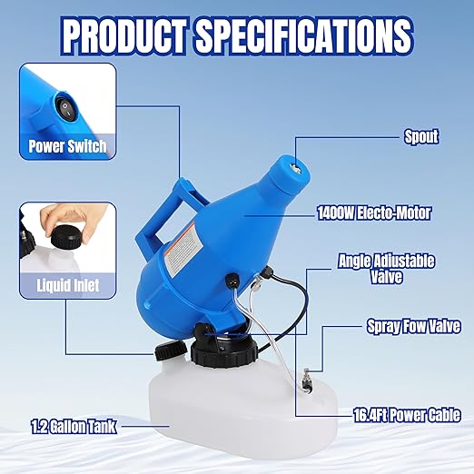 4.5L (1.2 Gallon) Electric ULV Cold Fogger Machine Portable Sprayer 30ft Spraying Distance 16.4ft Power Cord for Home, Hotel, Garden, Lawn, School, Church, Indoor and Outdoor Use (4.5L-1Pack)