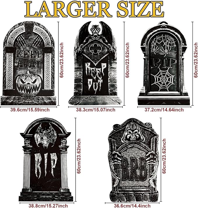 15.5“x23.6 Large Halloween Tombstones Outdoor Decor: Devil, Pumpkin, Bat, Spider, 5pcs Waterproof Safe Material Yard Signs, Halloween Gravestones for Home, Party, Cemetery Decor