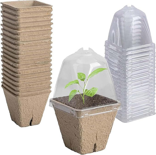 20 Pcs Biodegradable Nursery Pots with Humidity Dome- 2.3 Inch Square Seeding Starter Pots for Planting- Peat Pots for Seedlings Garden Vegetable Flower Germination