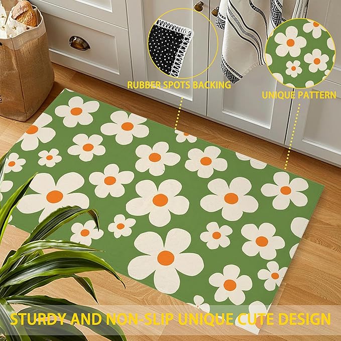 Door Mat,70s Groovy Flowers Welcome Mat Indoor,Green Floral Non-Slip Outdoor Entry Mat for Home Entryway, Low Profile Floor Rugs for Entry Patio, Porch, Hallways 30 x 17 Inch