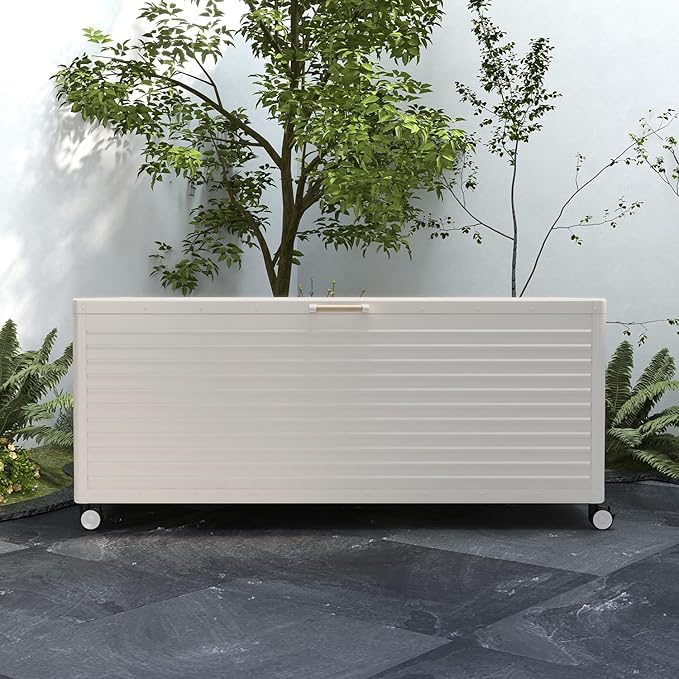 281 Gallon Large Outdoor Metal Deck Box with Wheels, Storage Box with Lid for Patio Furniture, Garden Tools, Outdoor Cushion, Latte
