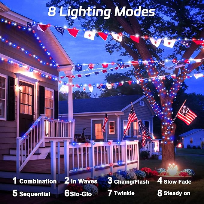 Red White and Blue Solar Fairy Lights, 4th of July Lights Waterproof Outdoor 16.4ft 50LED 8 Modes Memory Function Independence Day Memorial Day Decorations