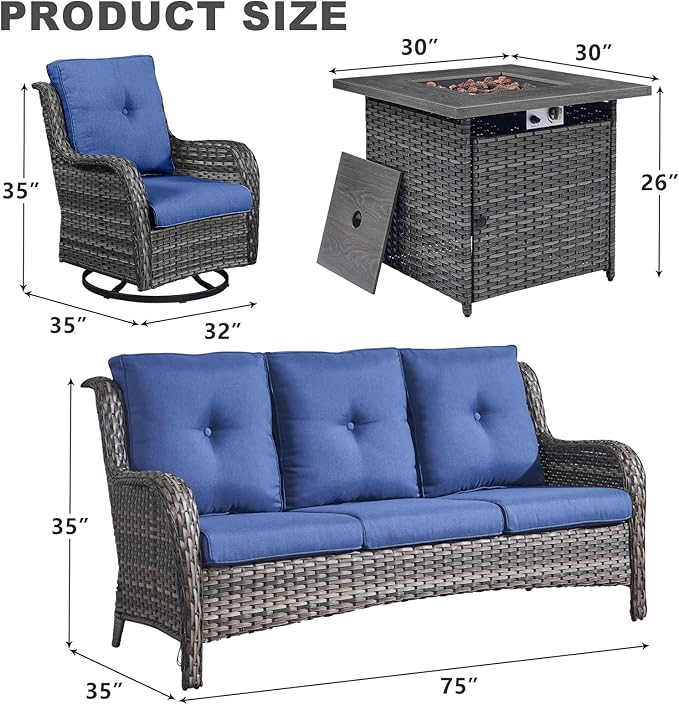Patio Furniture 4 Piece, All-Weather PE Wicker Outdoor Furniture Set with CSA Certified 30in Propane Fire Pit Table,Outdoor Patio Furniture with Swivel Rocking Chairs