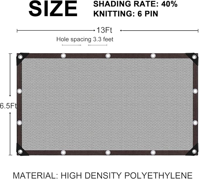 Storystore 40% Shade Cloth with Grommets, 6.5Ft x 13FtGarden Mesh Shade Tarp Sun Shade Net for Greenhouse, Cover, Patio, Plant, Flower, Chicken, Coop