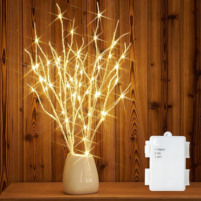 Fudios Lighted Birch Branches 18IN 70 White Willow LED with Timer Battery Operated for Christmas Party Wedding Decoration Twig Lights Outdoor
