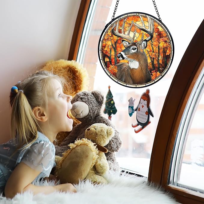 TNUW Fall Deer Stained Glass Window Hanging, Rustic Autumn Forest Wildlife Deer Sun Catchers Indoor Window Glass Round Wall Art Decor, Fall Wall Hanging Decorations, 7.9＂x7.9＂