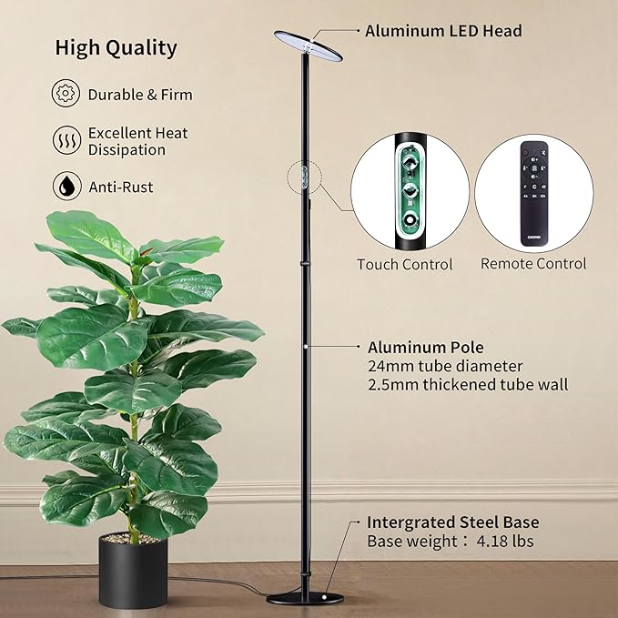 chiphy Grow Lights, Full Spectrum LED Plant Light for Indoor Plants, 4/8/12H Timer, 40W Grow Lamp, 10 Level Dimmable Brightness, 69" Heights Adjustable, Remote Control, Ideal for Large Tall Plants