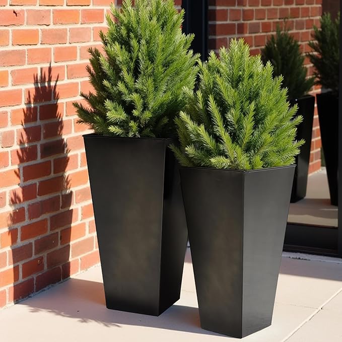 Worth Garden Large Metal Glazed Planter Set of 2 (25" + 28"), Luxurious Glossy Finish Black Tall Square Tapered Steel Plant Pot, Decor Flower Pot Indoor & Outdoor, Drainage Hole & Dual-Purpose Saucer