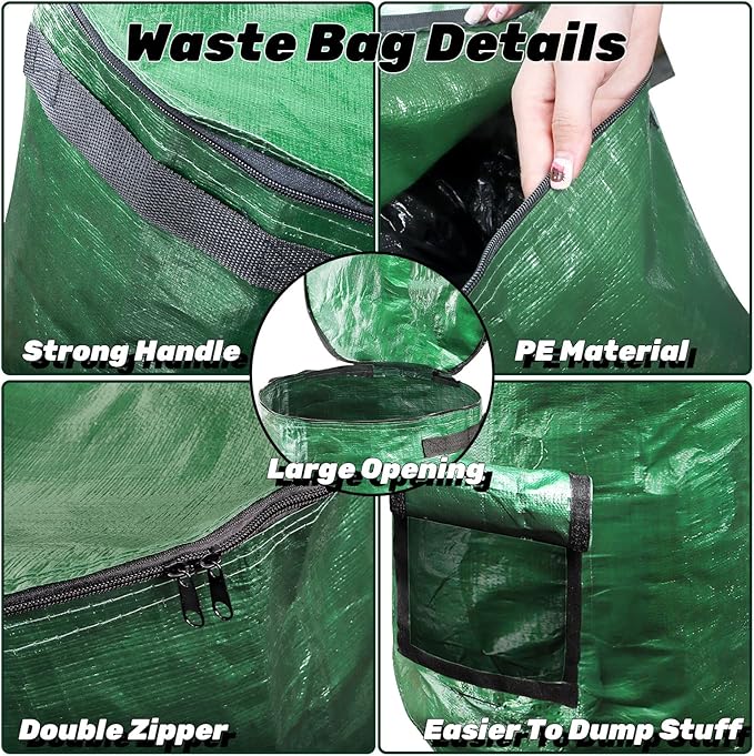 4 Pack 34 Gallons Reusable Yard Waste Bags, Leaf Lawn Collector Containers with Lid and Handles, Heavy Duty Collapsible Compost Bins with Bottom Window for Outdoor Debris Wet Leaves Grass