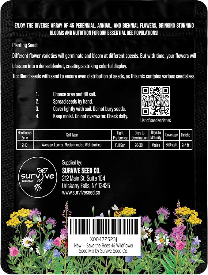 Package of 100,000 Wildflower Seeds - Save The Bees Wild Flower Seeds Collection - 45 Varieties of Pure Non-GMO Flower Seeds for Planting Including Milkweed, Poppy, and Lupine