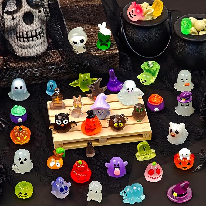 38 Pcs Halloween Luminous Mini Resin Figures Glow in The Dark Tiny Little Pumpkin Ghost Skull Miniature Figurines Bulk for Halloween Party Micro Landscape Fairy Garden Decor