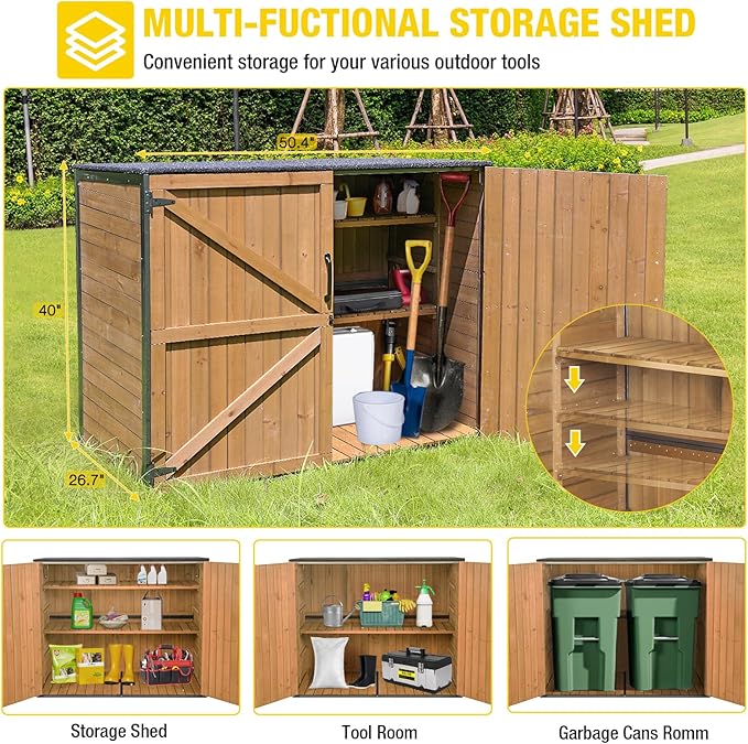 Aivituvin Outdoor Storage Cabinet Trash Can Storage Shed Upgraded with Metal Frame for Garbage Can, Gardening Tools and Accessories 50" L x 27.6" D x 41" H