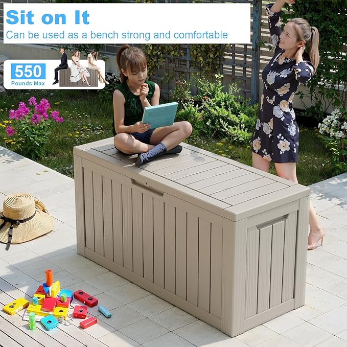 80 Gallon Deck Box,Resin Outdoor Storage Box with Lockable for Patio Furniture, Pool Accessories, Garden Tools Waterproof Outside Storage Box, Grey