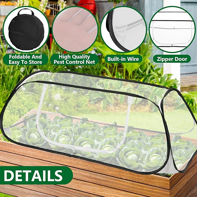 2 Pcs Pop Up Garden Rows Plants Cover, 45" x 22" x 16" Raised Garden Beds Vegetable Rows Plant Protector, Insect Bird Barrier Plant Net Cage with Stakes for Protecting Seedlings Fruits Vegetable Row