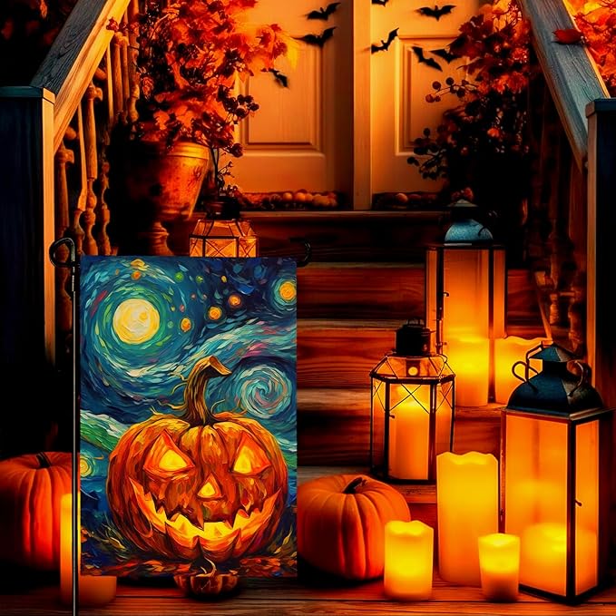 Halloween Garden Flag Pumpkin Garden Flag Van Gogh Garden Flags Arts Starry Night Sky Moon Yard Flag Double Sided Fall Porch Patio Farmhouse Outdoor Yard Decorative 12 x 18 Inch