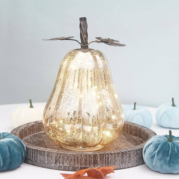 Mercury Glass Pumpkin Lights with Timer, Battery Operated Led Pumpkin Lights for Halloween Fall,Thanksgiving Rustic Decor (Silver Leafy, 9")