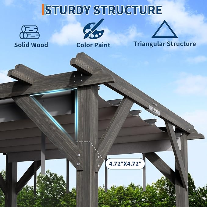 10x10 Ft Outdoor Wood Pergola with Retractable Roof & Mounting Kit Wooden Gazebo, Premium Support Structure, Wind and Snow Supported, Modern Outdoor Pergola for Porch, Grapevine and Deck