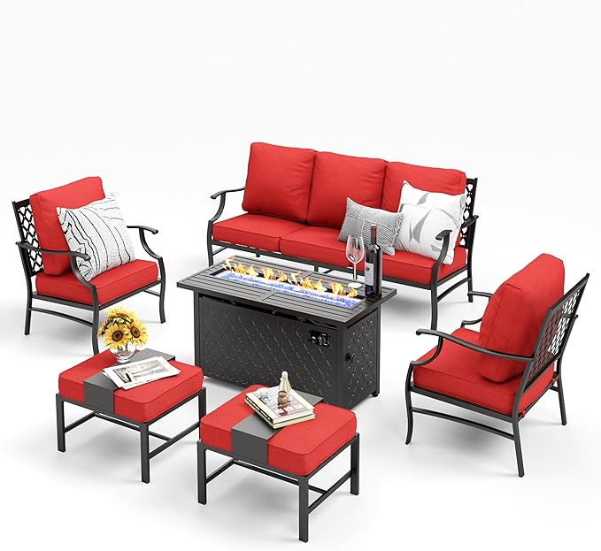 Patio Furniture Set, 6 Pcs Metal Outdoor Conversation Set, 2 Single Chairs, 2 Ottomans and 3 Seater Sofa with 5.75" Extra Thick Cushion and Gas Fire Pit Table, Red