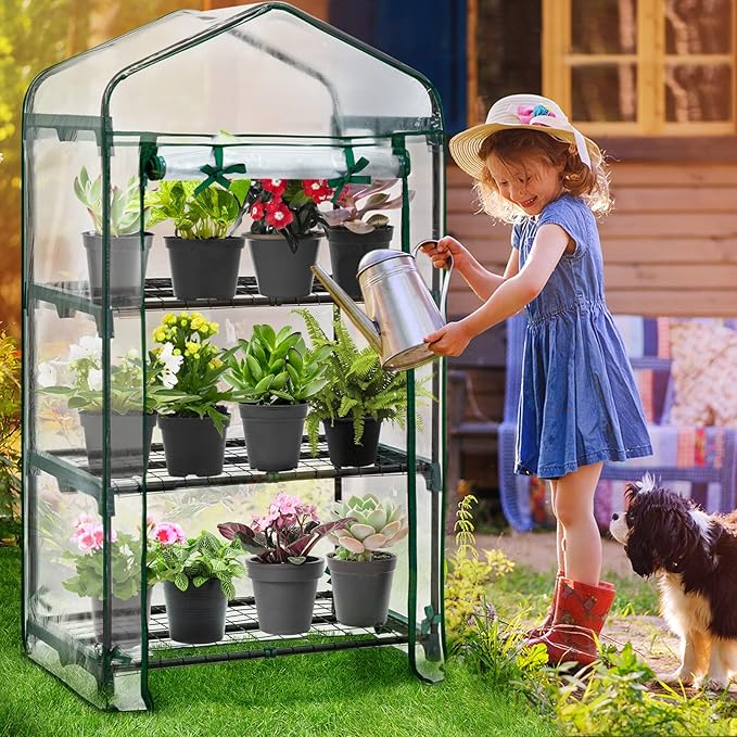 EAGLE PEAK Mini Greenhouse with Wire Shelves, Portable Indoor & Outdoor Garden Green House with Roll-Up Zipper Door, 3 Tier , 27"x19"x50", Clear PVC Cover