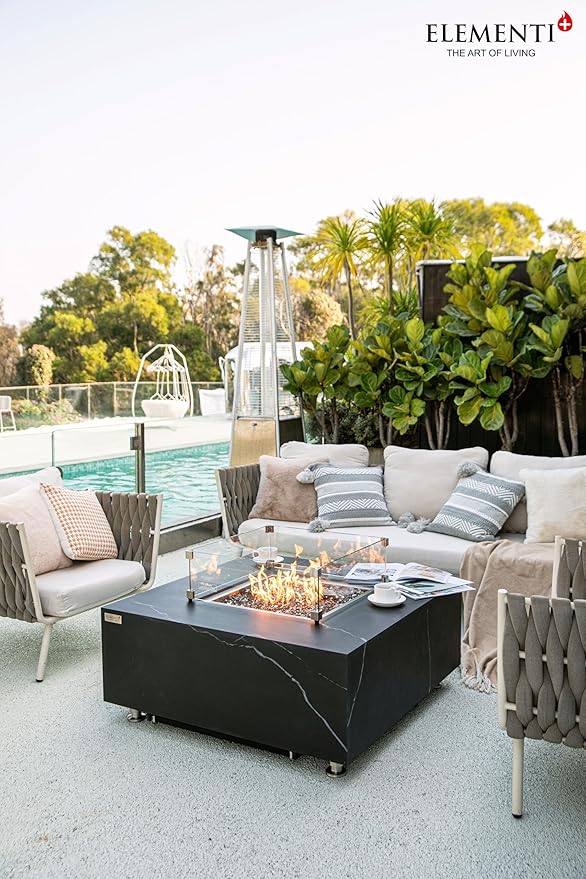 Elementi+ | Bundle Sofia Gas Fire Pit | Marble Porcelain & Metal Frame | 40" Square Fire Table | Electronic Ignition | Canvas Cover, Fire Glass & Burner Lid Included | Black | Natural Gas