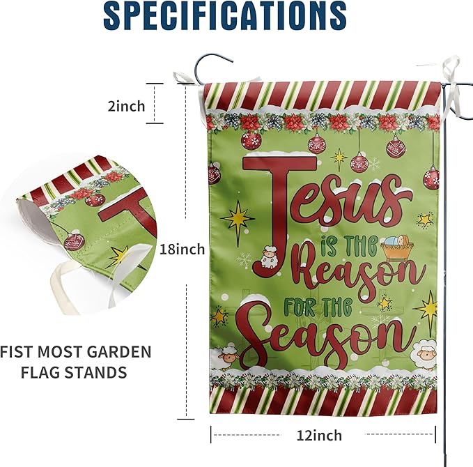 Merry Christmas Flag Jesus is the Reason for the Season Banner Christian Garden Flag Nativity Flags for Outside 12x18 Double Sided Winter Holiday Xmas Yard Outdoor Decoration