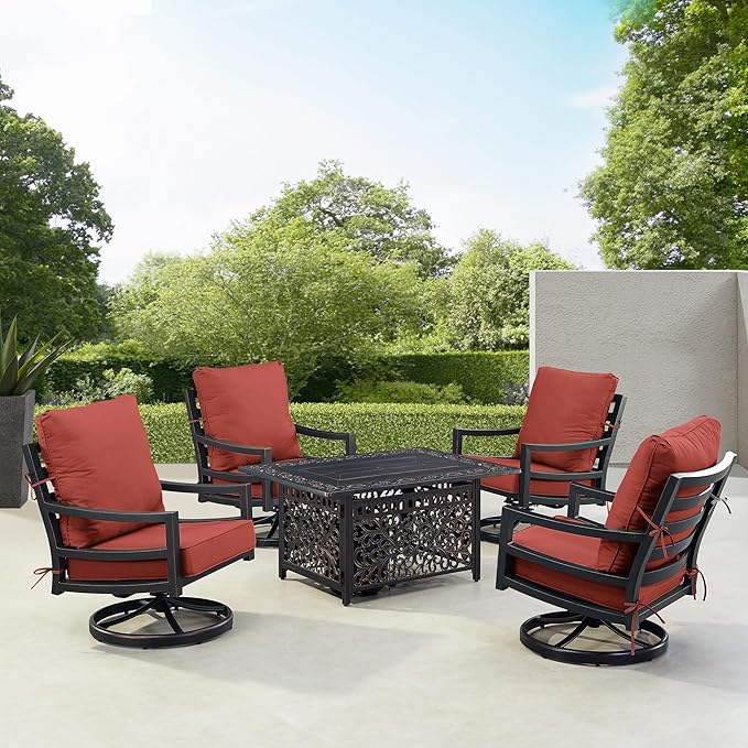 Oakland Living Black Aluminum Patio Fire Table Set with Four Club Chairs with Red Cushions